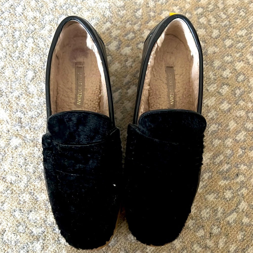 patent leather and shearling loafers